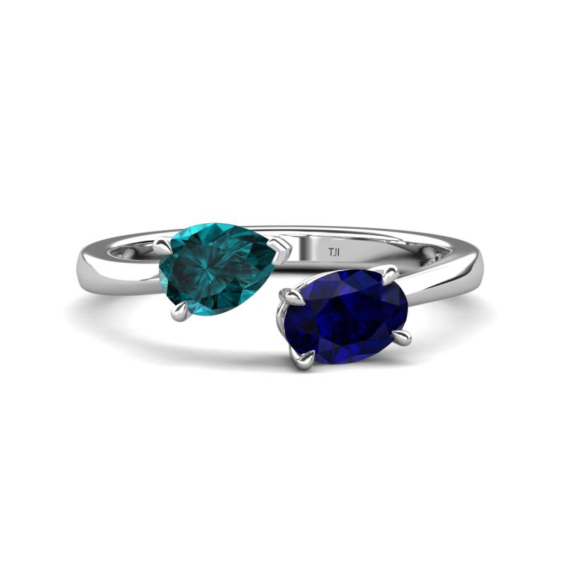 Afra 1.75 ctw London Blue Topaz Pear Shape (7x5 mm) & Blue Sapphire Oval Shape (7x5 mm) Toi Et Moi Engagement Ring 