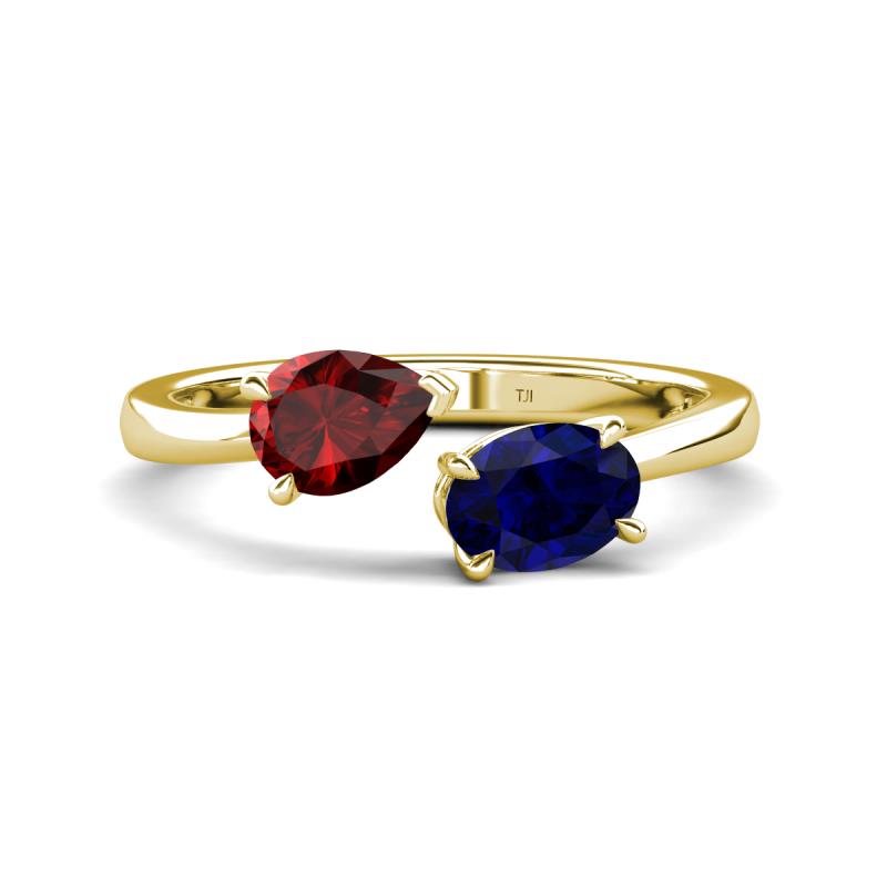 Afra 1.80 ctw Red Garnet Pear Shape (7x5 mm) & Blue Sapphire Oval Shape (7x5 mm) Toi Et Moi Engagement Ring 