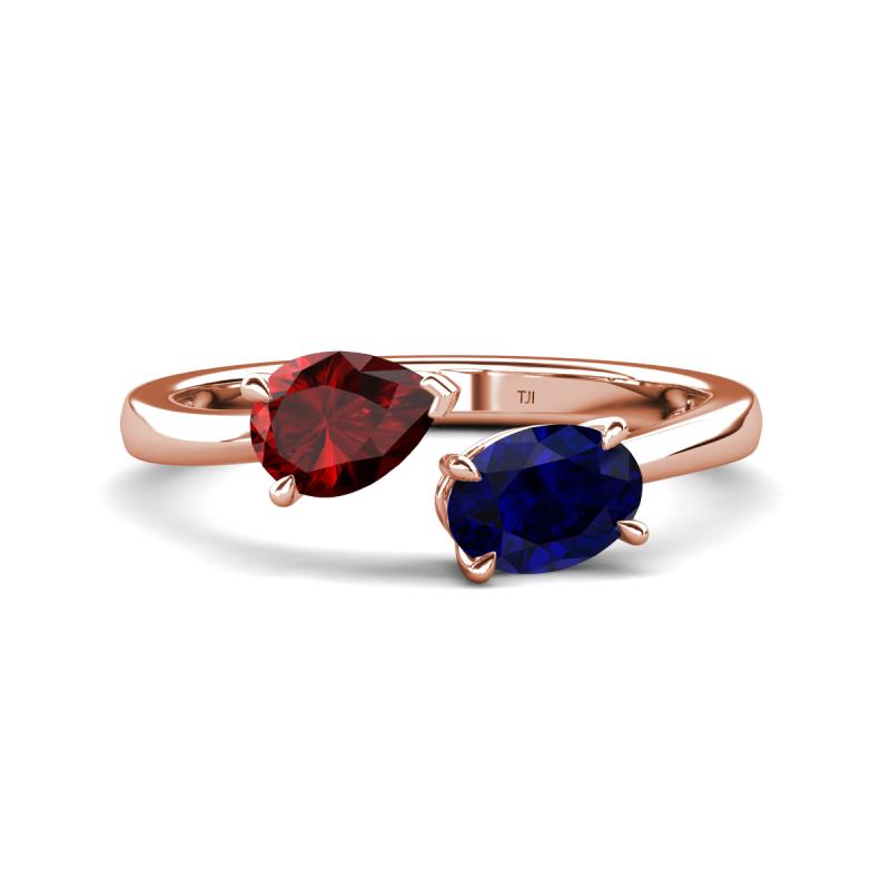 Afra 1.80 ctw Red Garnet Pear Shape (7x5 mm) & Blue Sapphire Oval Shape (7x5 mm) Toi Et Moi Engagement Ring 