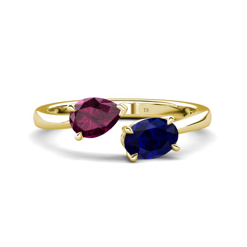 Afra 1.80 ctw Rhodolite Garnet Pear Shape (7x5 mm) & Blue Sapphire Oval Shape (7x5 mm) Toi Et Moi Engagement Ring 