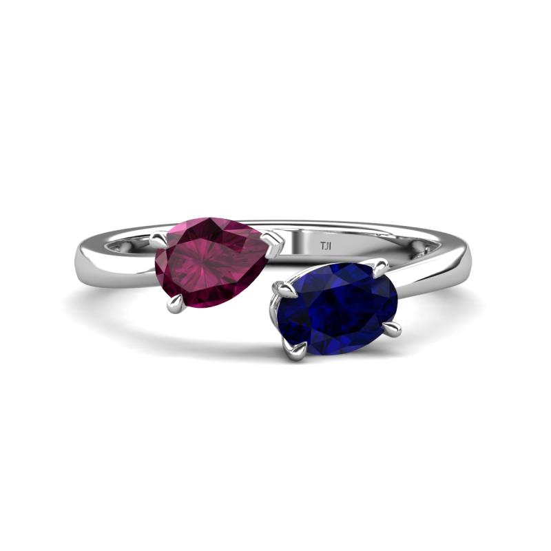Afra 1.80 ctw Rhodolite Garnet Pear Shape (7x5 mm) & Blue Sapphire Oval Shape (7x5 mm) Toi Et Moi Engagement Ring 