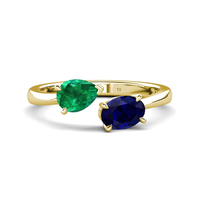 Afra 1.70 ctw Emerald Pear Shape (7x5 mm) & Blue Sapphire Oval Shape (7x5 mm) Toi Et Moi Engagement Ring 