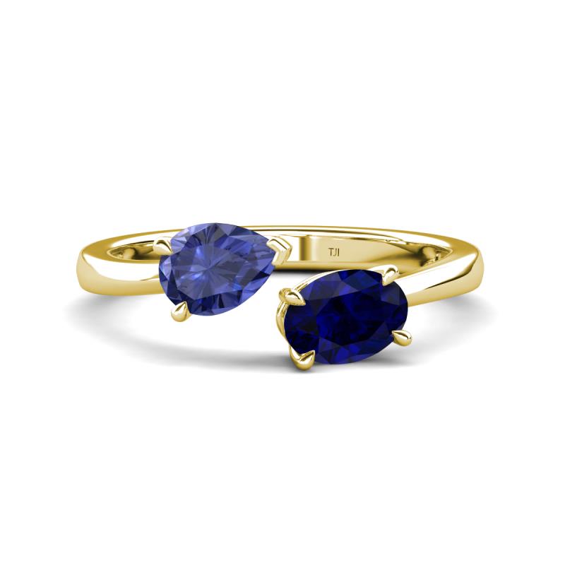 Afra 1.50 ctw Iolite Pear Shape (7x5 mm) & Blue Sapphire Oval Shape (7x5 mm) Toi Et Moi Engagement Ring 