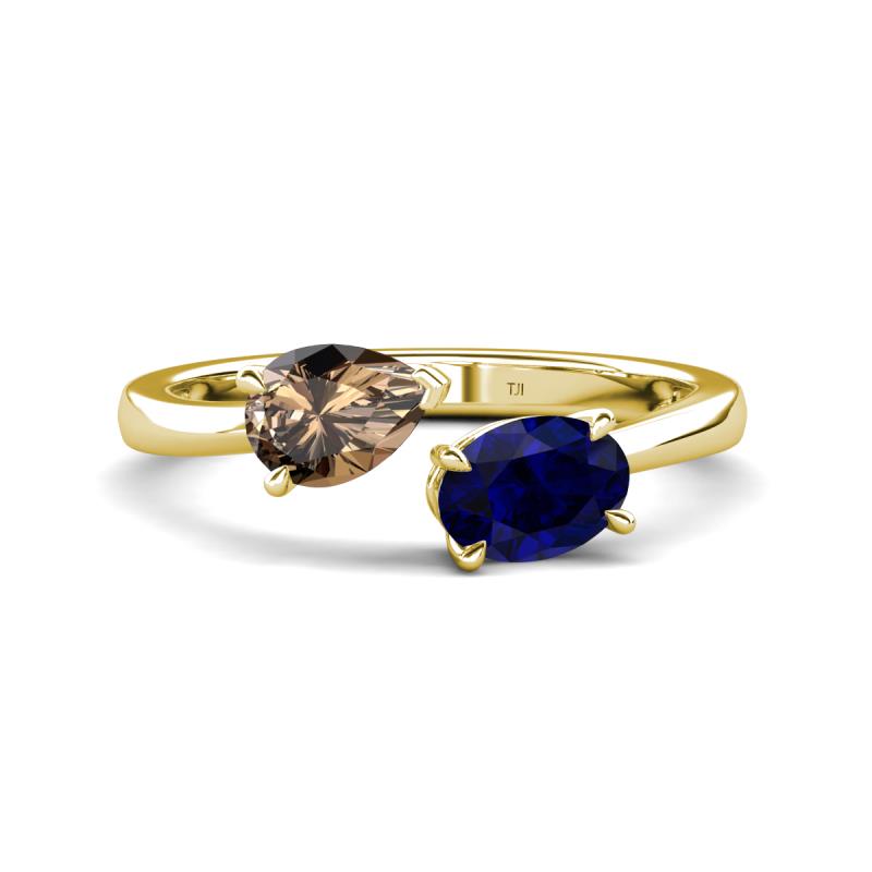 Afra 1.55 ctw Smoky Quartz Pear Shape (7x5 mm) & Blue Sapphire Oval Shape (7x5 mm) Toi Et Moi Engagement Ring 