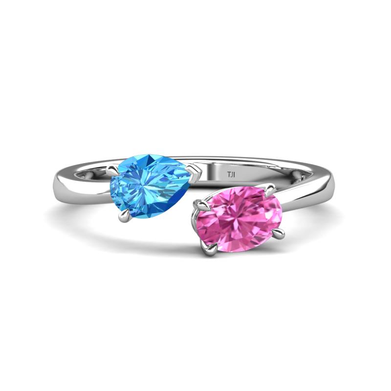 Afra 1.85 ctw Blue Topaz Pear Shape (7x5 mm) & Pink Sapphire Oval Shape (7x5 mm) Toi Et Moi Engagement Ring 