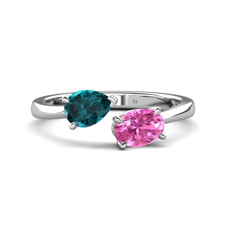 Afra 1.85 ctw London Blue Topaz Pear Shape (7x5 mm) & Pink Sapphire Oval Shape (7x5 mm) Toi Et Moi Engagement Ring 