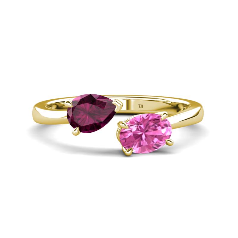 Afra 1.90 ctw Rhodolite Garnet Pear Shape (7x5 mm) & Pink Sapphire Oval Shape (7x5 mm) Toi Et Moi Engagement Ring 