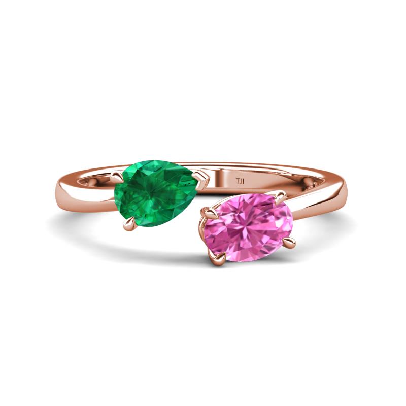 Afra 1.80 ctw Emerald Pear Shape (7x5 mm) & Pink Sapphire Oval Shape (7x5 mm) Toi Et Moi Engagement Ring 