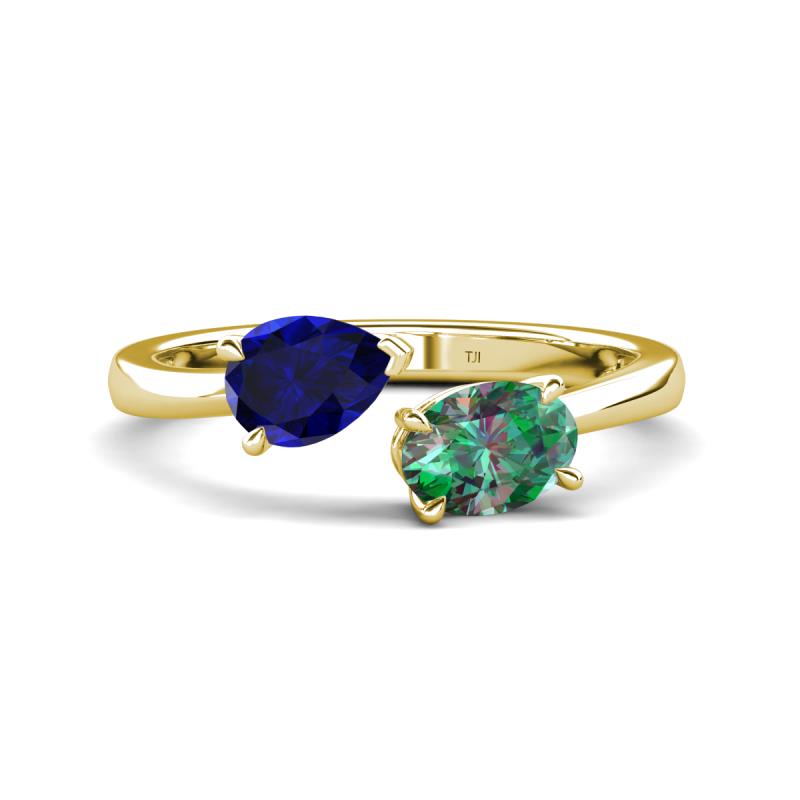 Afra 2.06 ctw Blue Sapphire Pear Shape (7x5 mm) & Lab Created Alexandrite Oval Shape (7x5 mm) Toi Et Moi Engagement Ring 