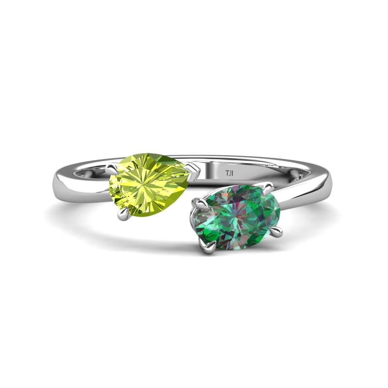 Afra 1.96 ctw Peridot Pear Shape (7x5 mm) & Lab Created Alexandrite Oval Shape (7x5 mm) Toi Et Moi Engagement Ring 