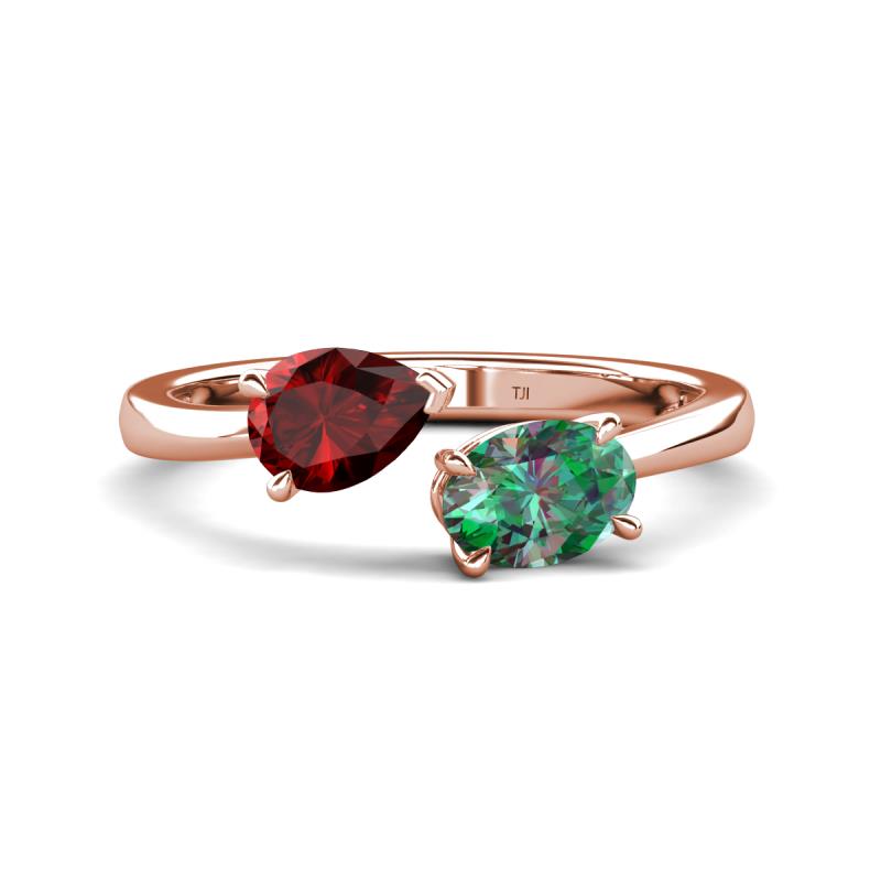Afra 2.06 ctw Red Garnet Pear Shape (7x5 mm) & Lab Created Alexandrite Oval Shape (7x5 mm) Toi Et Moi Engagement Ring 