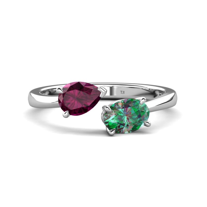 Afra 2.06 ctw Rhodolite Garnet Pear Shape (7x5 mm) & Lab Created Alexandrite Oval Shape (7x5 mm) Toi Et Moi Engagement Ring 