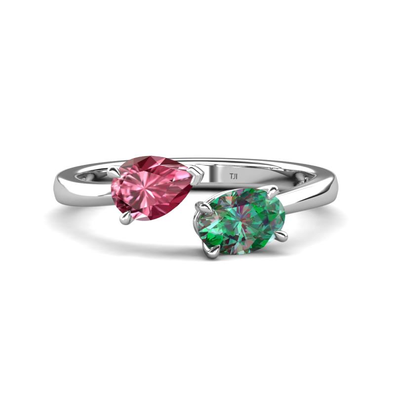 Afra 1.86 ctw Pink Tourmaline Pear Shape (7x5 mm) & Lab Created Alexandrite Oval Shape (7x5 mm) Toi Et Moi Engagement Ring 