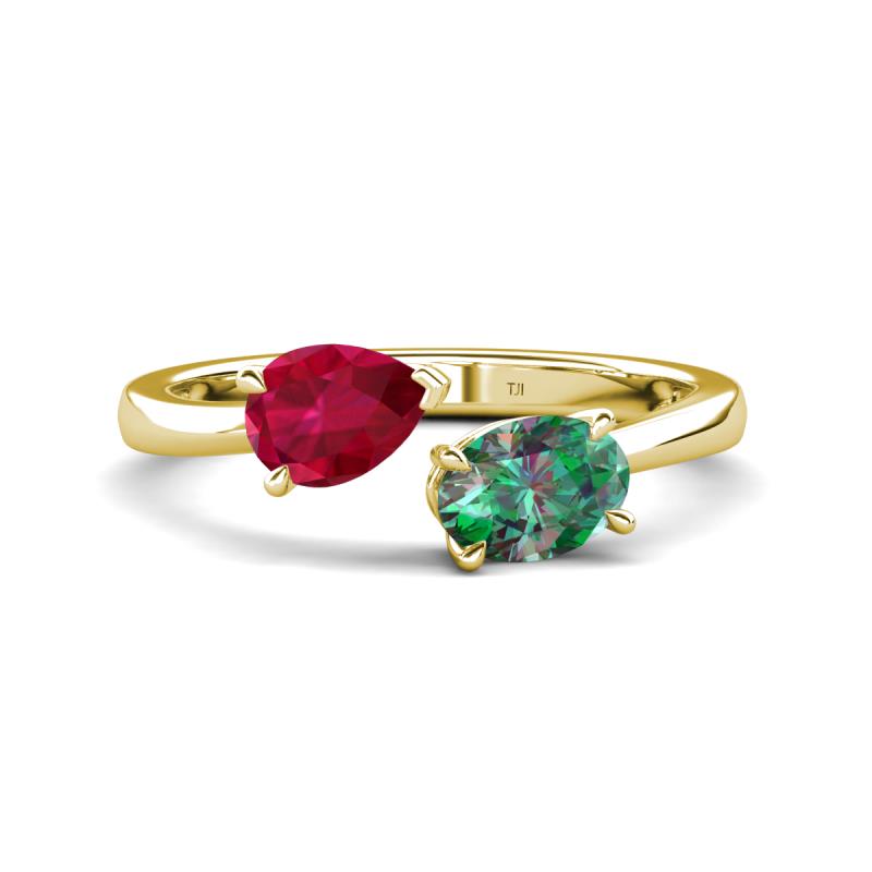 Afra 2.11 ctw Ruby Pear Shape (7x5 mm) & Lab Created Alexandrite Oval Shape (7x5 mm) Toi Et Moi Engagement Ring 