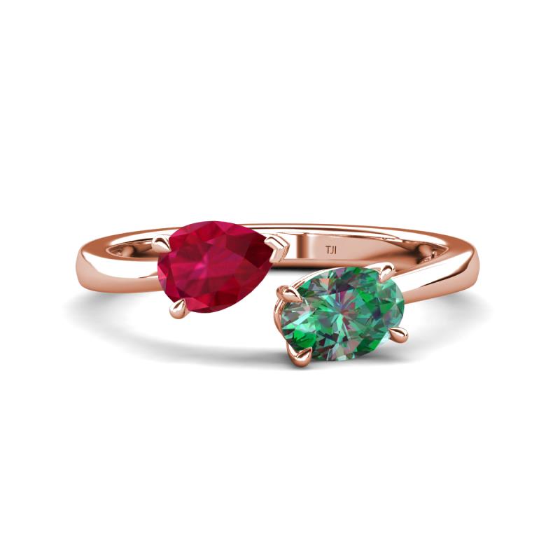 Afra 2.11 ctw Ruby Pear Shape (7x5 mm) & Lab Created Alexandrite Oval Shape (7x5 mm) Toi Et Moi Engagement Ring 