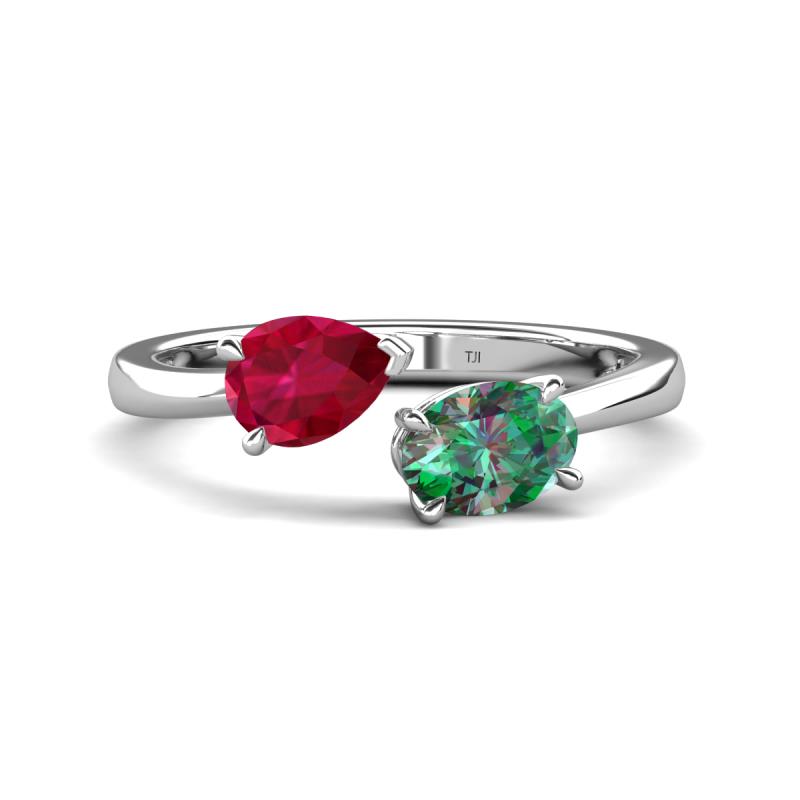 Afra 2.11 ctw Ruby Pear Shape (7x5 mm) & Lab Created Alexandrite Oval Shape (7x5 mm) Toi Et Moi Engagement Ring 