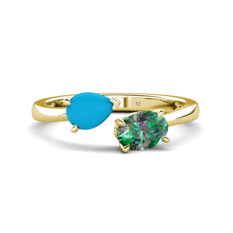 Afra 1.51 ctw Turquoise Pear Shape (7x5 mm) & Lab Created Alexandrite Oval Shape (7x5 mm) Toi Et Moi Engagement Ring 