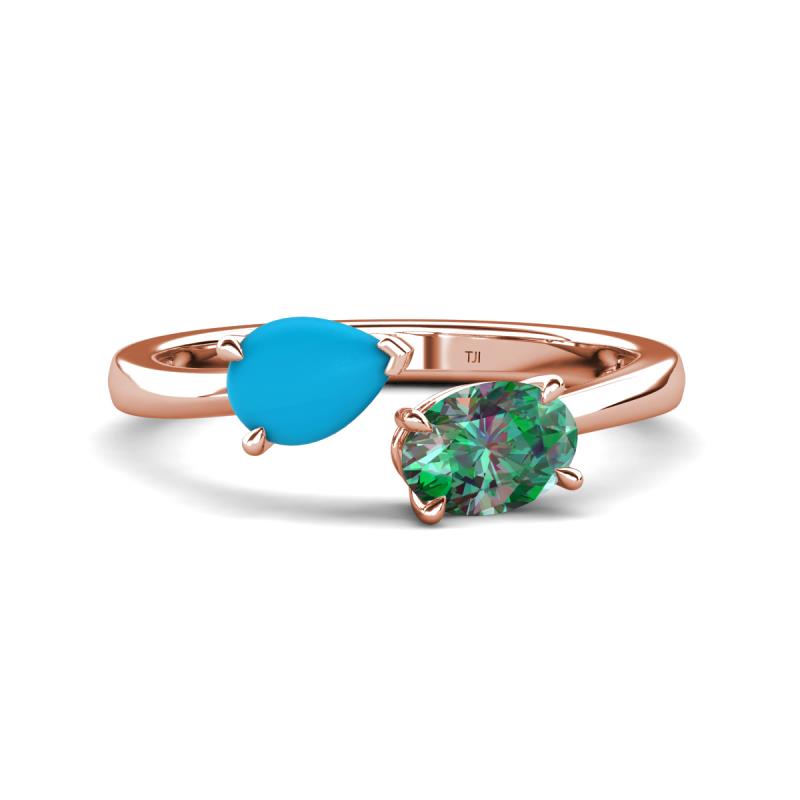 Afra 1.51 ctw Turquoise Pear Shape (7x5 mm) & Lab Created Alexandrite Oval Shape (7x5 mm) Toi Et Moi Engagement Ring 