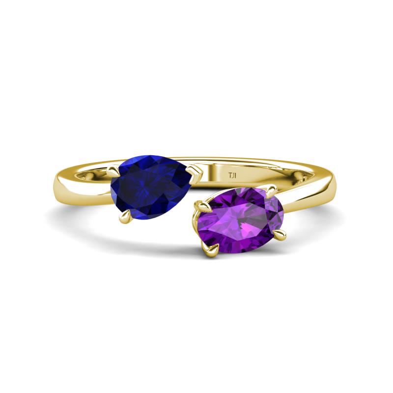 Afra 1.62 ctw Blue Sapphire Pear Shape (7x5 mm) & Amethyst Oval Shape (7x5 mm) Toi Et Moi Engagement Ring 