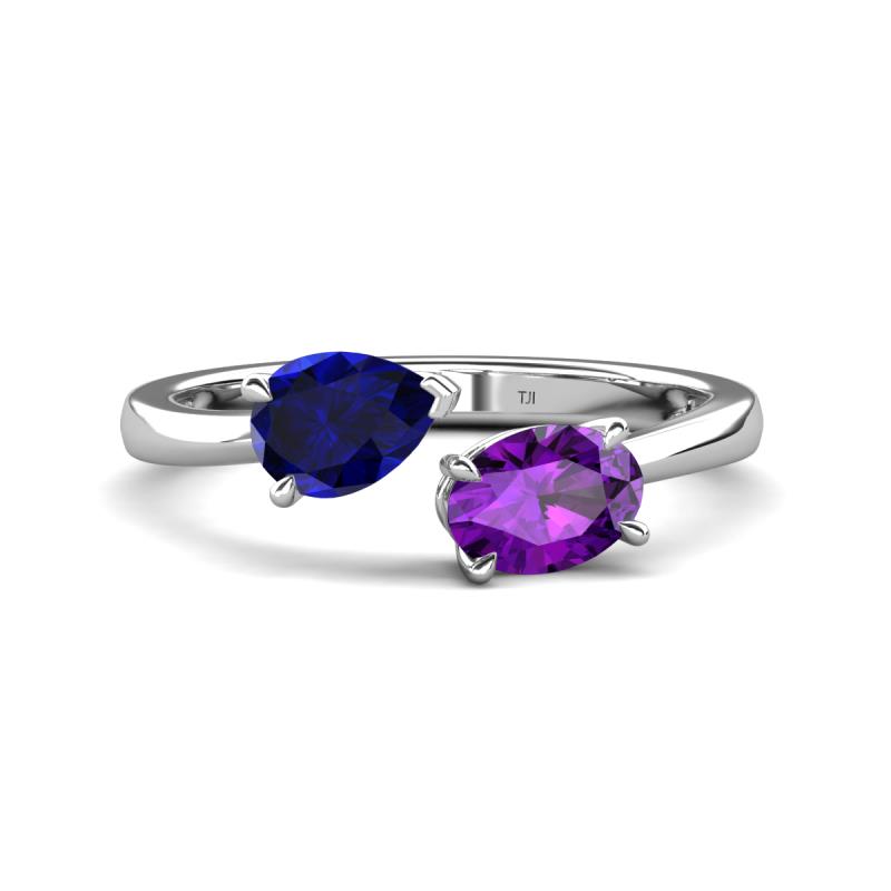 Afra 1.62 ctw Blue Sapphire Pear Shape (7x5 mm) & Amethyst Oval Shape (7x5 mm) Toi Et Moi Engagement Ring 