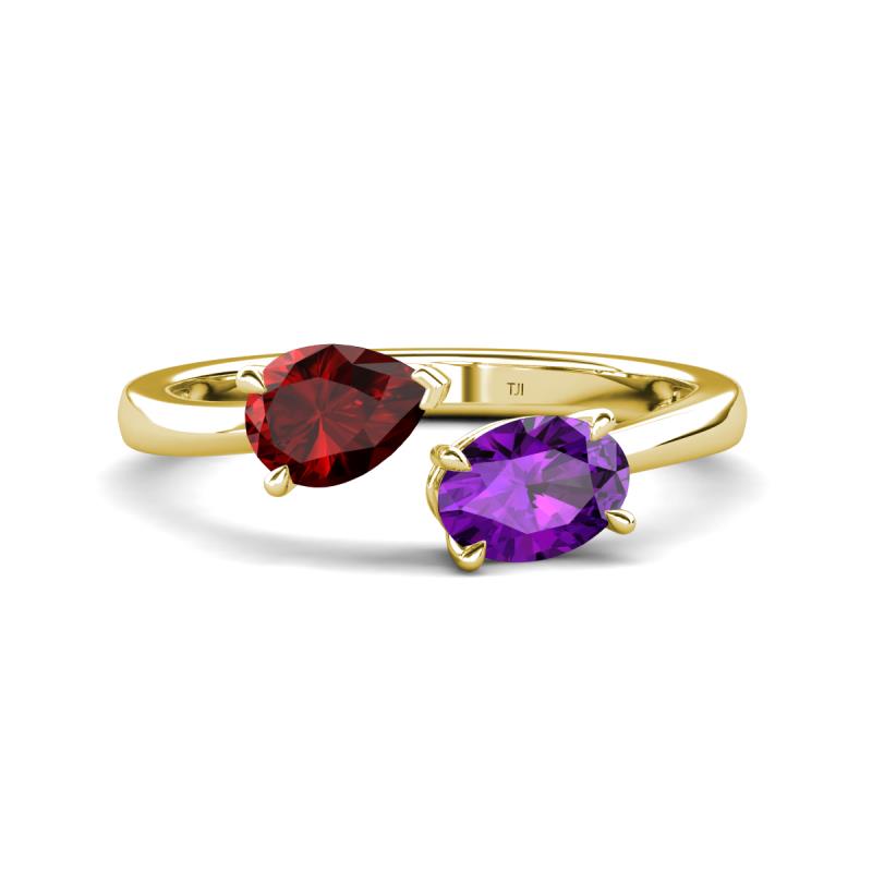Afra 1.62 ctw Red Garnet Pear Shape (7x5 mm) & Amethyst Oval Shape (7x5 mm) Toi Et Moi Engagement Ring 