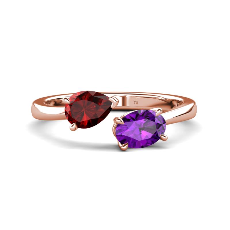 Afra 1.62 ctw Red Garnet Pear Shape (7x5 mm) & Amethyst Oval Shape (7x5 mm) Toi Et Moi Engagement Ring 