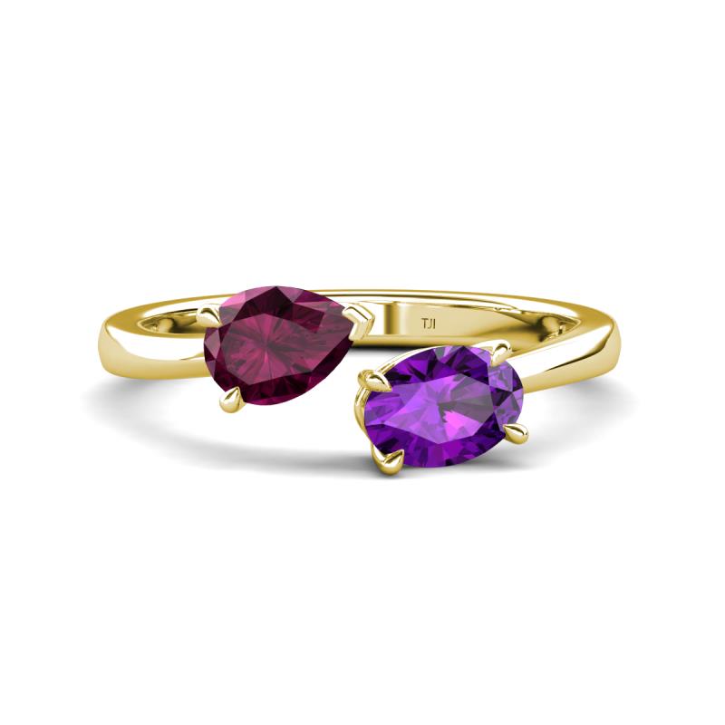 Afra 1.62 ctw Rhodolite Garnet Pear Shape (7x5 mm) & Amethyst Oval Shape (7x5 mm) Toi Et Moi Engagement Ring 