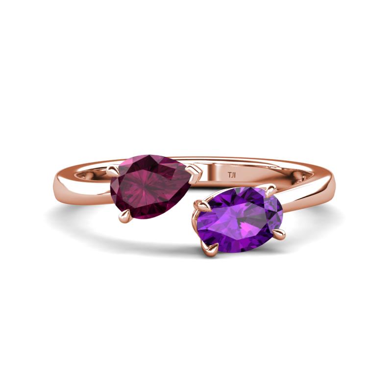 Afra 1.62 ctw Rhodolite Garnet Pear Shape (7x5 mm) & Amethyst Oval Shape (7x5 mm) Toi Et Moi Engagement Ring 