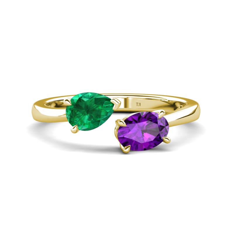 Afra 1.52 ctw Emerald Pear Shape (7x5 mm) & Amethyst Oval Shape (7x5 mm) Toi Et Moi Engagement Ring 