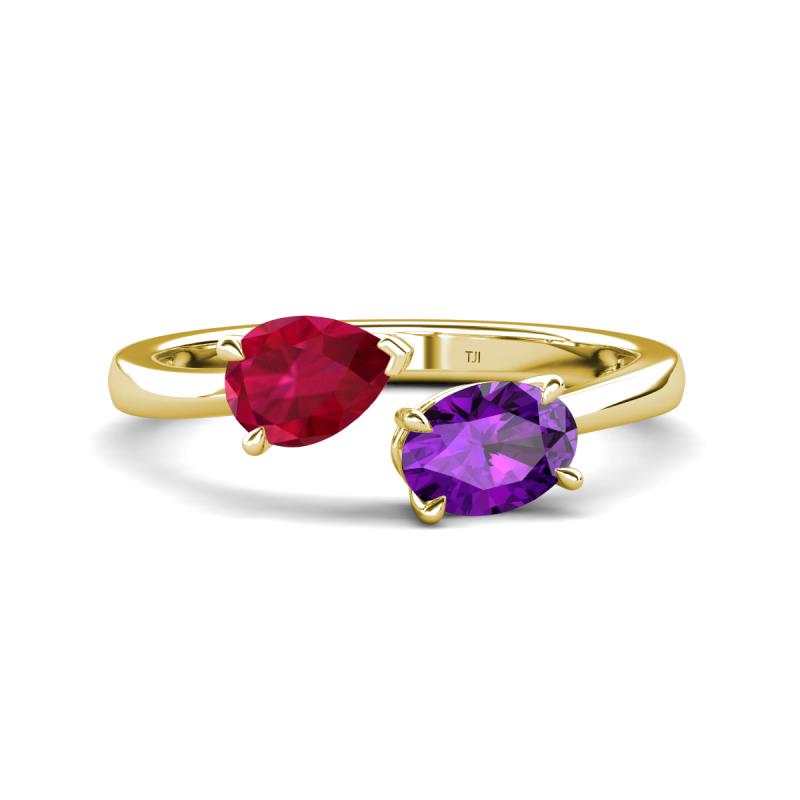 Afra 1.67 ctw Ruby Pear Shape (7x5 mm) & Amethyst Oval Shape (7x5 mm) Toi Et Moi Engagement Ring 