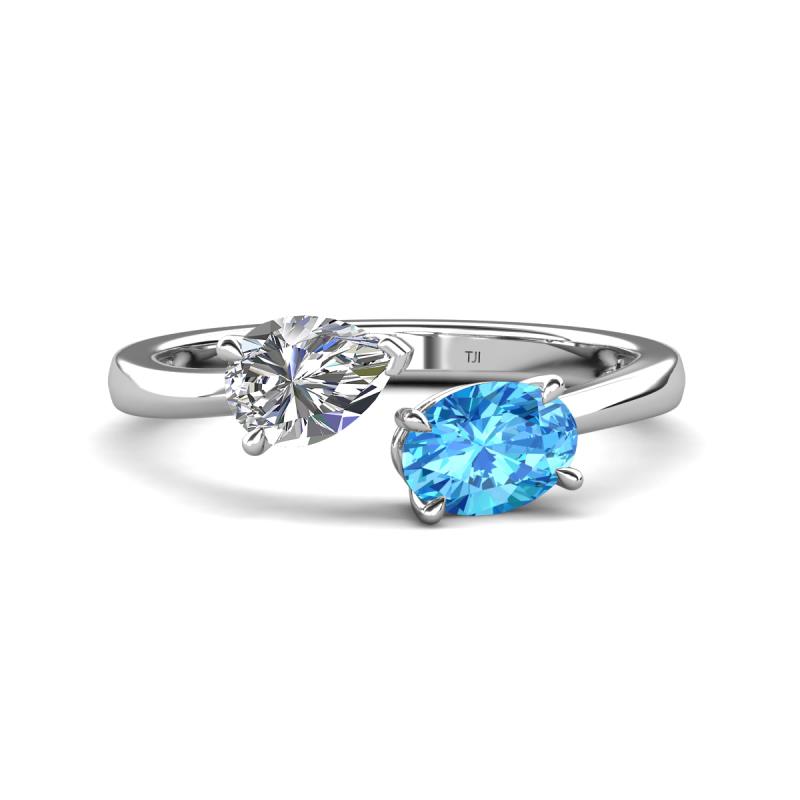 Afra 1.75 ctw IGI Certified Lab Grown Diamond  Pear Shape (7x5 mm) & Blue Topaz Oval Shape (7x5 mm) Toi Et Moi Engagement Ring 