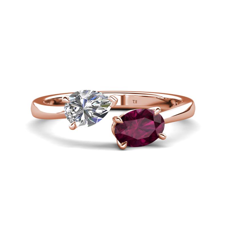 Afra 1.75 ctw IGI Certified Lab Grown Diamond  Pear Shape (7x5 mm) & Rhodolite Garnet Oval Shape (7x5 mm) Toi Et Moi Engagement Ring 