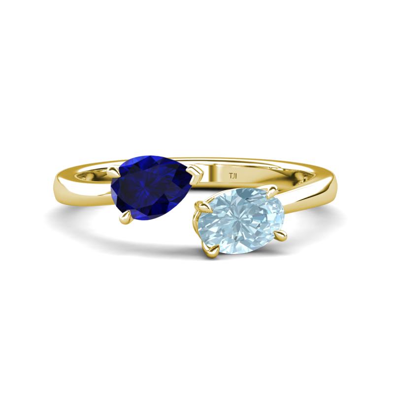 Afra 1.62 ctw Blue Sapphire Pear Shape (7x5 mm) & Aquamarine Oval Shape (7x5 mm) Toi Et Moi Engagement Ring 