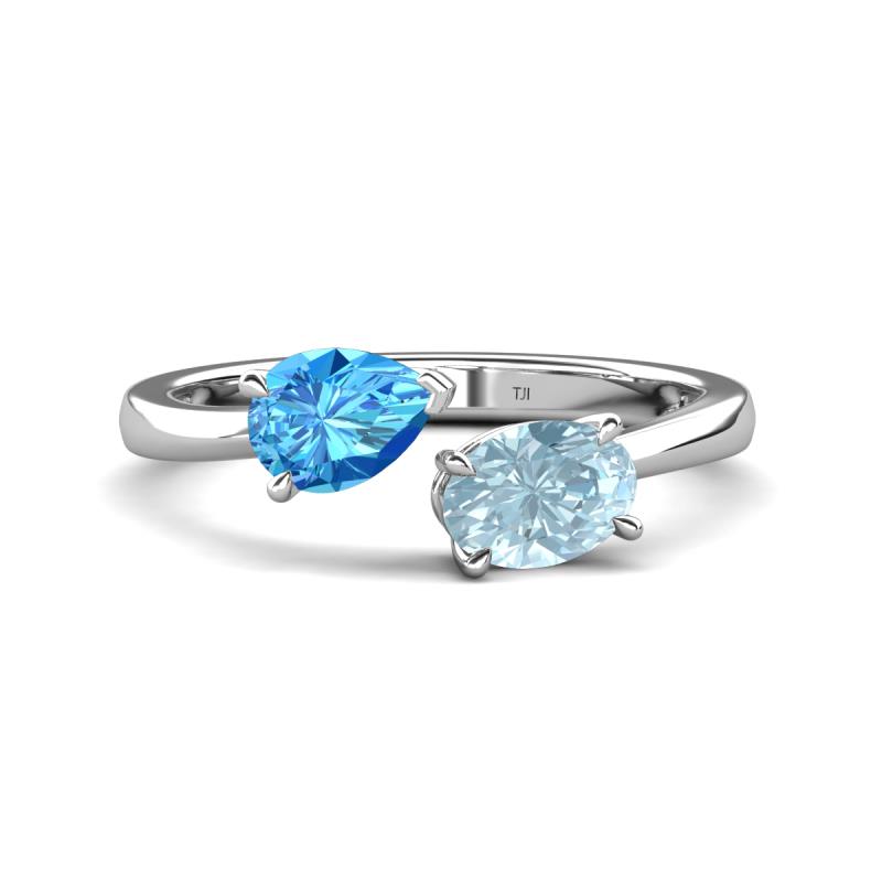 Afra 1.57 ctw Blue Topaz Pear Shape (7x5 mm) & Aquamarine Oval Shape (7x5 mm) Toi Et Moi Engagement Ring 