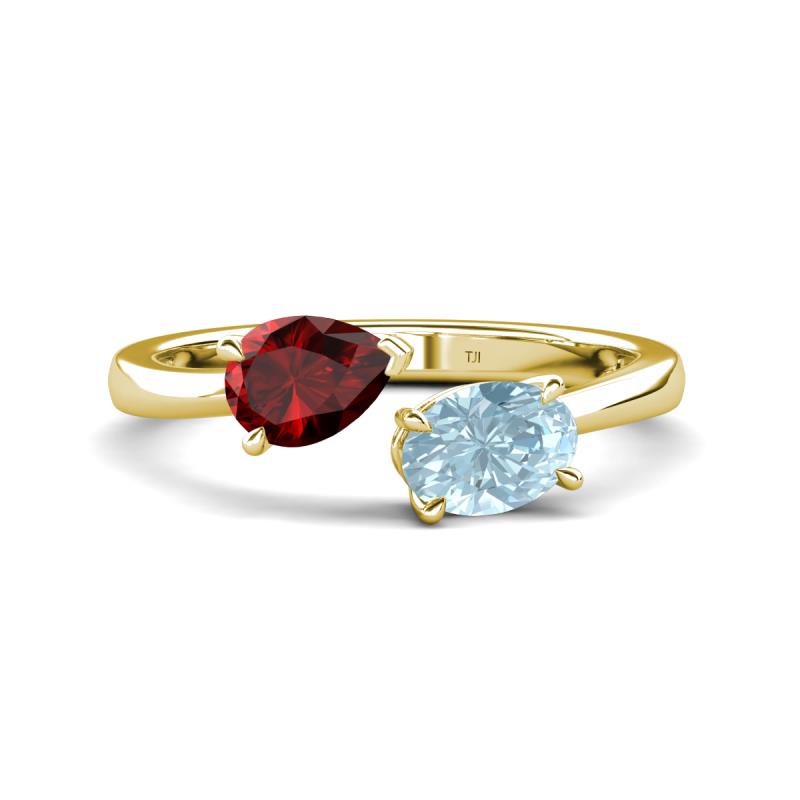 Afra 1.62 ctw Red Garnet Pear Shape (7x5 mm) & Aquamarine Oval Shape (7x5 mm) Toi Et Moi Engagement Ring 