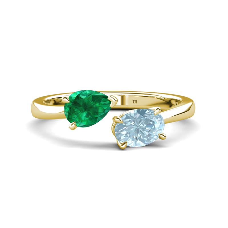 Afra 1.52 ctw Emerald Pear Shape (7x5 mm) & Aquamarine Oval Shape (7x5 mm) Toi Et Moi Engagement Ring 