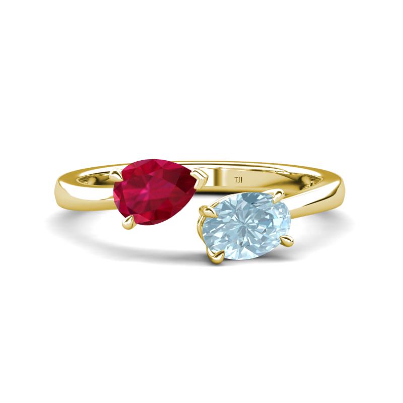 Afra 1.67 ctw Ruby Pear Shape (7x5 mm) & Aquamarine Oval Shape (7x5 mm) Toi Et Moi Engagement Ring 