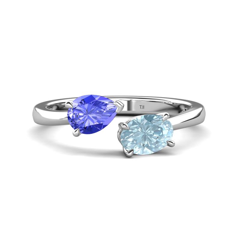 Afra 1.47 ctw Tanzanite Pear Shape (7x5 mm) & Aquamarine Oval Shape (7x5 mm) Toi Et Moi Engagement Ring 