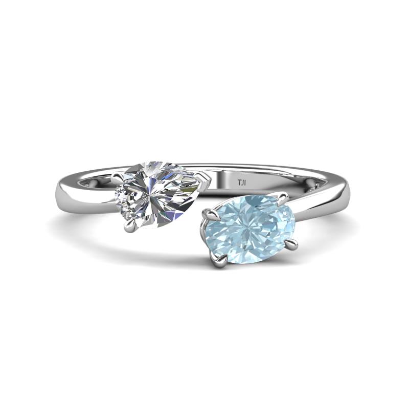 Afra 1.62 ctw White Sapphire Pear Shape (7x5 mm) & Aquamarine Oval Shape (7x5 mm) Toi Et Moi Engagement Ring 