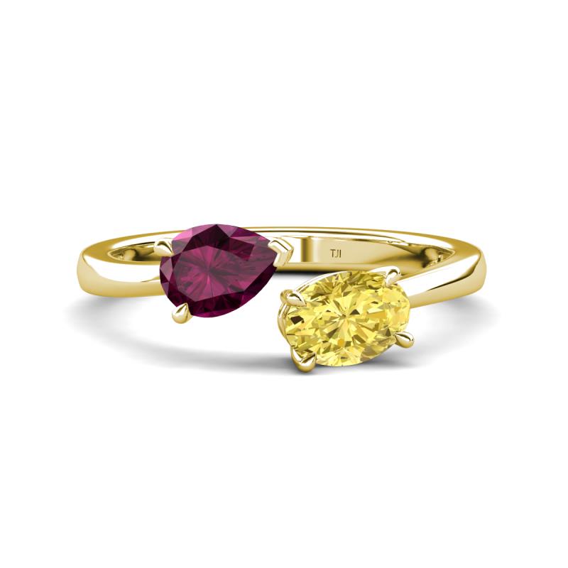 Afra 1.90 ctw Rhodolite Garnet Pear Shape (7x5 mm) & Yellow Sapphire Oval Shape (7x5 mm) Toi Et Moi Engagement Ring 