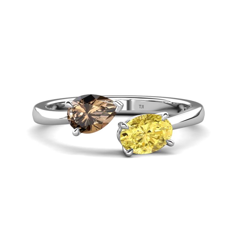 Afra 1.65 ctw Smoky Quartz Pear Shape (7x5 mm) & Yellow Sapphire Oval Shape (7x5 mm) Toi Et Moi Engagement Ring 
