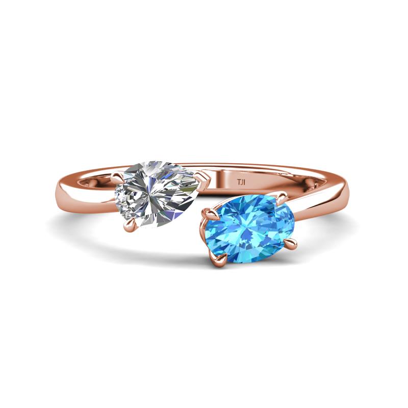Afra 1.80 ctw GIA Certified Natural Diamond  Pear Shape (7x5 mm) & Blue Topaz Oval Shape (7x5 mm) Toi Et Moi Engagement Ring 