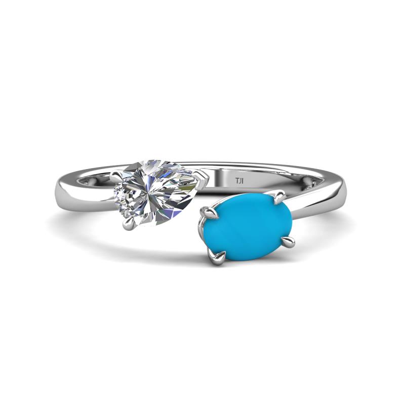 Afra 1.50 ctw GIA Certified Natural Diamond  Pear Shape (7x5 mm) & Turquoise Oval Shape (7x5 mm) Toi Et Moi Engagement Ring 