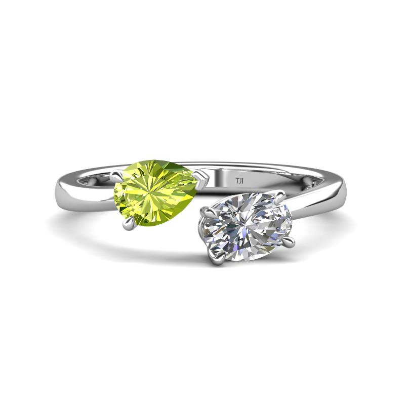 Afra 1.80 ctw Peridot Pear Shape (7x5 mm) & White Sapphire Oval Shape (7x5 mm) Toi Et Moi Engagement Ring 