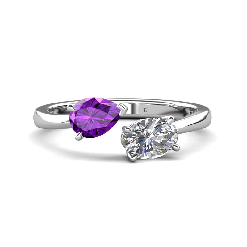 Afra 1.65 ctw Amethyst Pear Shape (7x5 mm) & White Sapphire Oval Shape (7x5 mm) Toi Et Moi Engagement Ring 