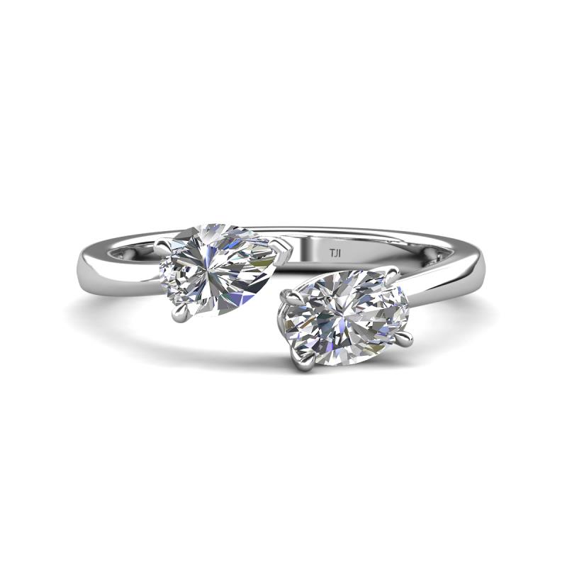 Afra 1.85 ctw Moissanite Pear Shape (7x5 mm) & White Sapphire Oval Shape (7x5 mm) Toi Et Moi Engagement Ring 