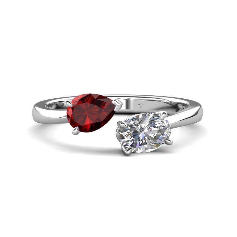 Afra 1.90 ctw Red Garnet Pear Shape (7x5 mm) & White Sapphire Oval Shape (7x5 mm) Toi Et Moi Engagement Ring 