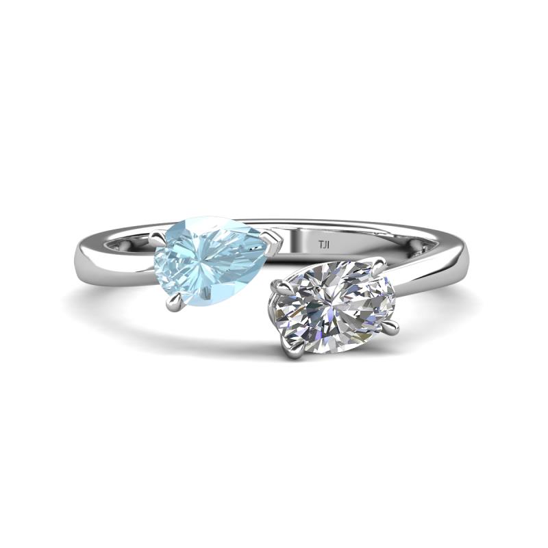 Afra 1.60 ctw Aquamarine Pear Shape (7x5 mm) & White Sapphire Oval Shape (7x5 mm) Toi Et Moi Engagement Ring 