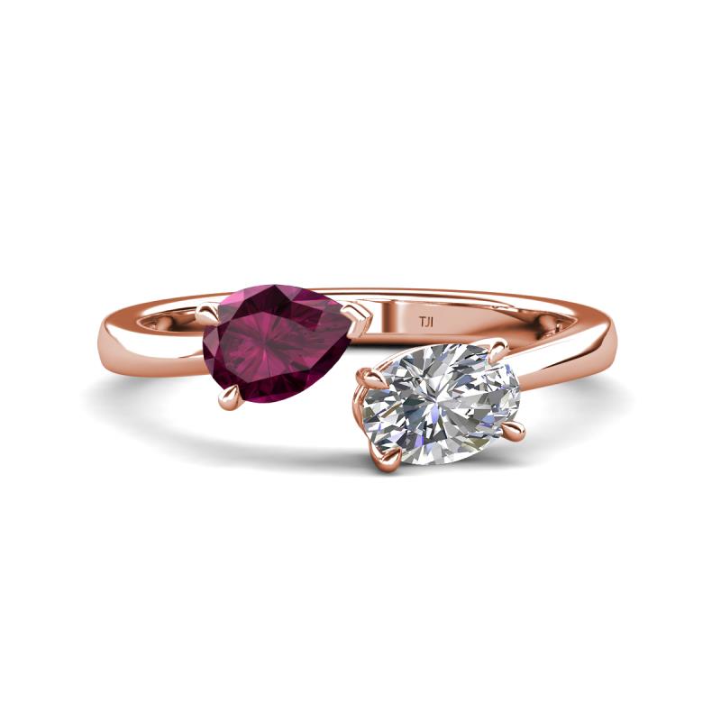 Afra 1.90 ctw Rhodolite Garnet Pear Shape (7x5 mm) & White Sapphire Oval Shape (7x5 mm) Toi Et Moi Engagement Ring 