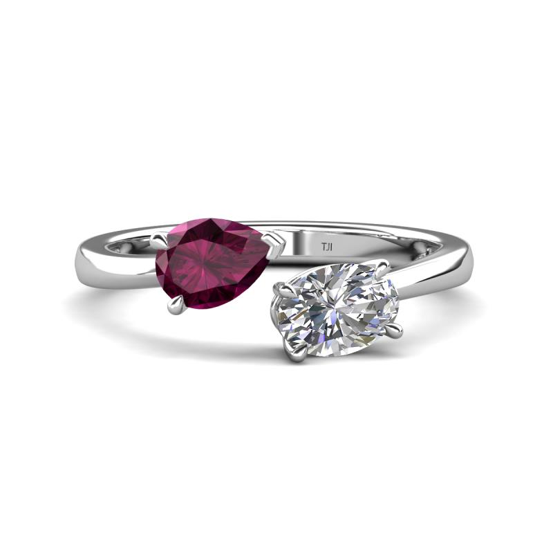 Afra 1.90 ctw Rhodolite Garnet Pear Shape (7x5 mm) & White Sapphire Oval Shape (7x5 mm) Toi Et Moi Engagement Ring 